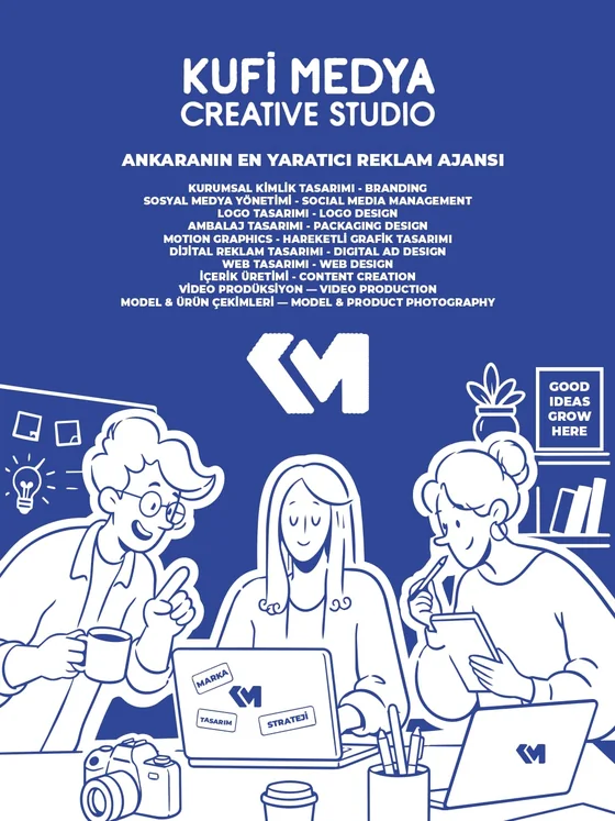 Blue team illustration explaining Kufi Medya Creative Studio services